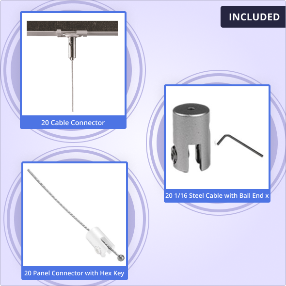 20 Cable Connector + 20 1/16 Steel Cable with Ball End x + 20 Panel Connector with Hex Key